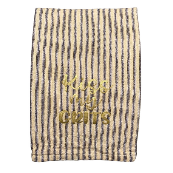 Kiss My Grits Unbranded Kitchen Towel Blue Cream Stripes